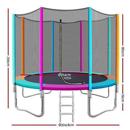 10FT multi-colored trampoline ideal for fun and active play at home for kids.