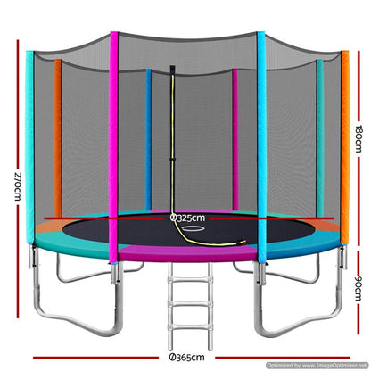 Vibrant 12FT trampoline in multiple colors for fun backyard playtime, perfect for kids.