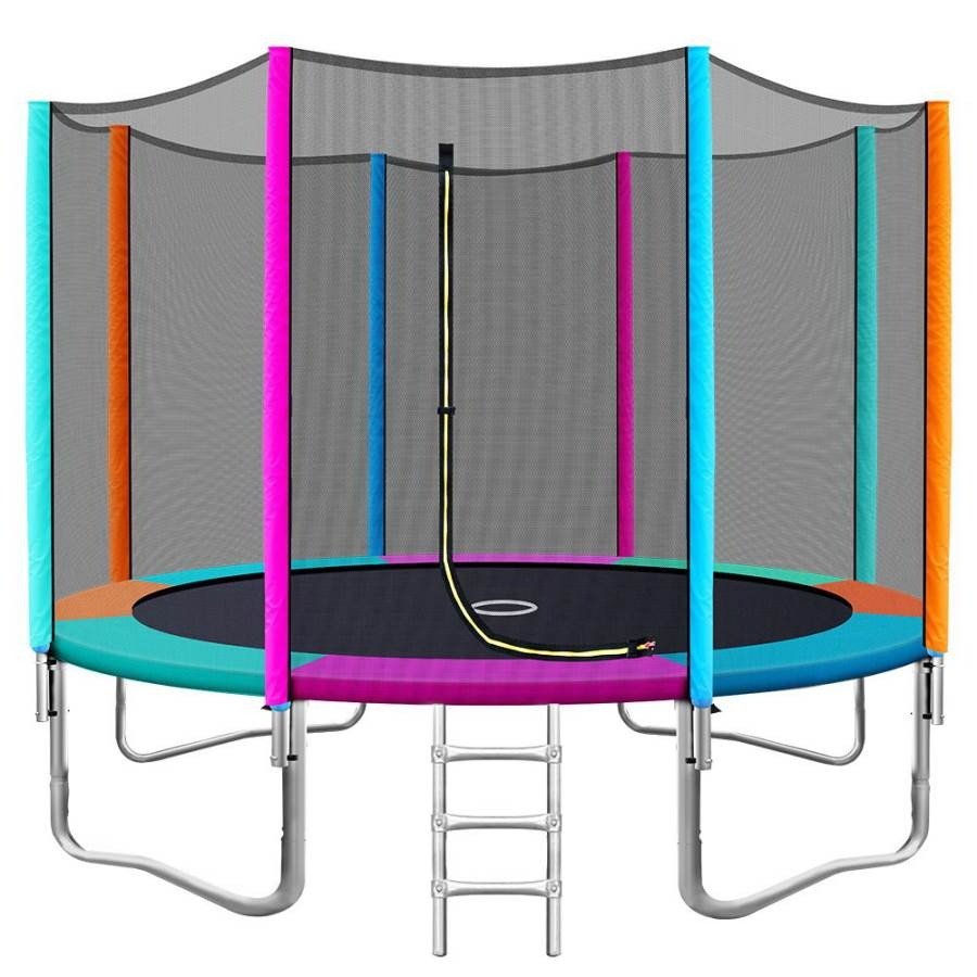 12FT multi-coloured trampoline, perfect for childrens outdoor play and entertainment at home.