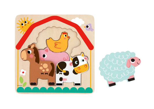 Colorful farm animal puzzle for kids, featuring multiple layers for interactive learning and play.