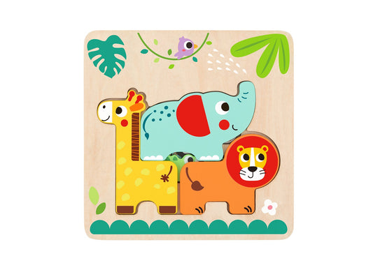 Colorful multi-layered jungle animal puzzle, engaging kids in educational play at home.