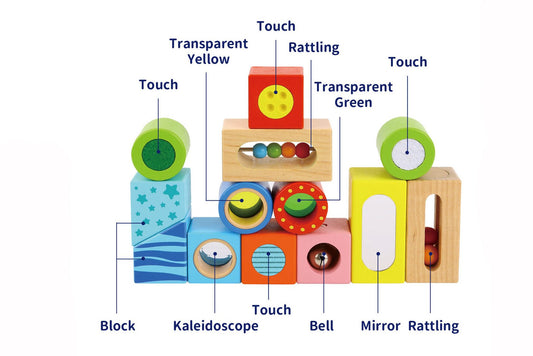 Multifunction blocks for sensory play, with textures and sounds, ideal for childrens learning.