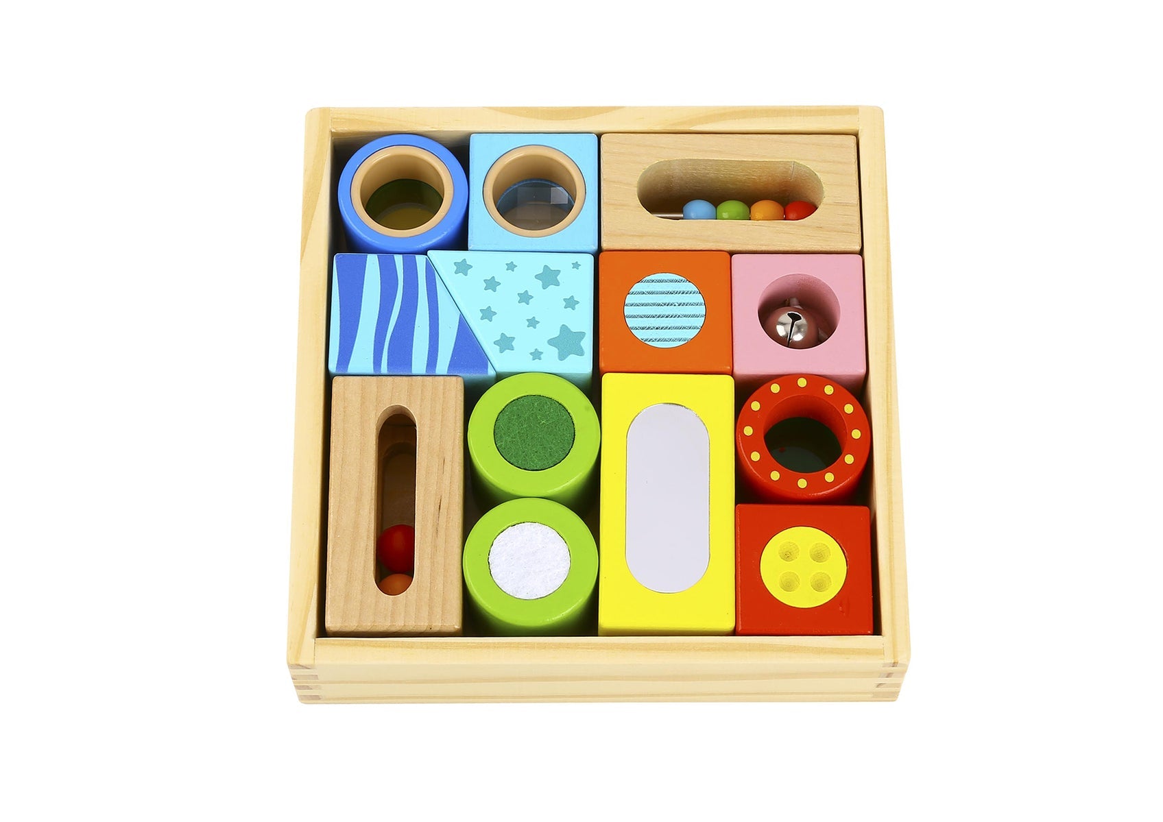 Interactive sensory blocks with textures and sounds for engaging childrens play at home.