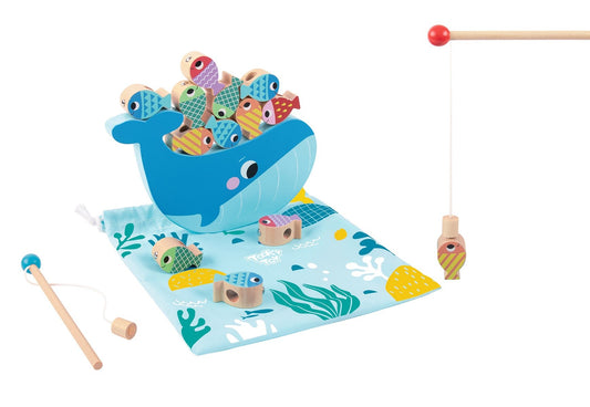 Colorful fishing and stacking game for kids, promoting coordination and motor skills at home.