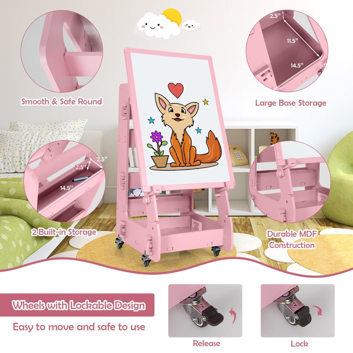 Kids Pink Art Easel with Storage - Nurturing Young Artists' Talents