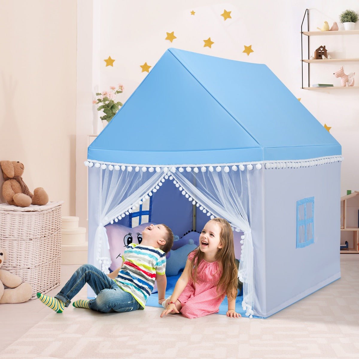 Versatile Kids Castle Playhouse with Solid Wood Frame & Cotton Mat in Blue