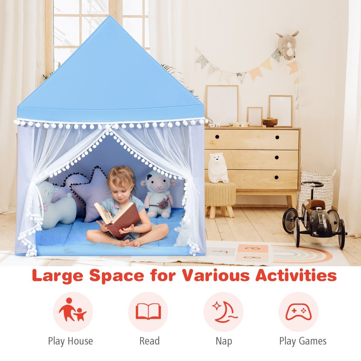 Imaginative Kids Play Space: Blue Castle Playhouse with Wood Frame & Mat