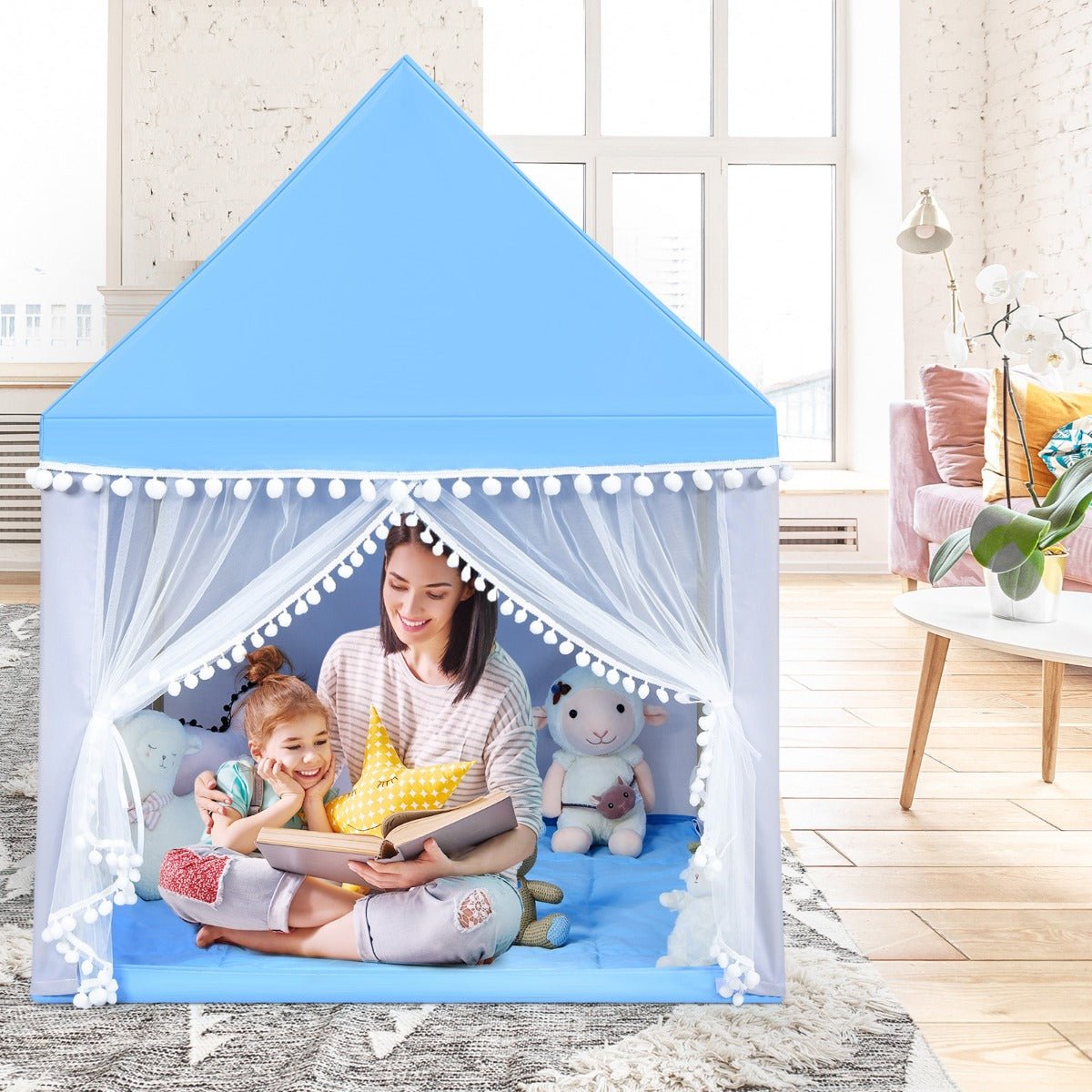 Dreamy Kids Playhouse Castle in Blue with Solid Wood Frame & Mat