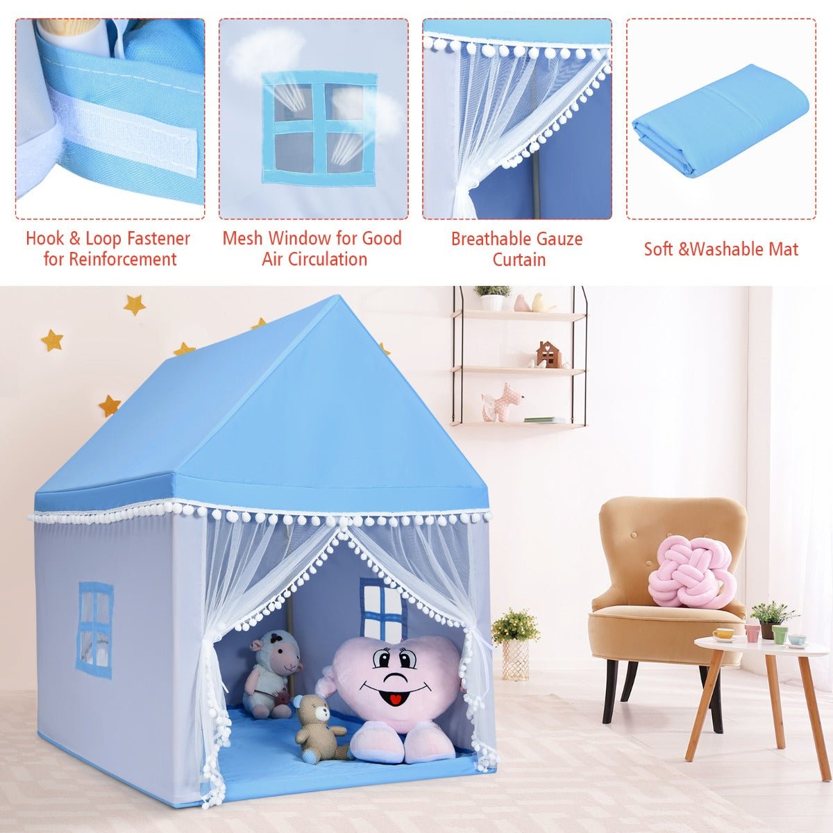 Playful Retreat: Kids Castle Playhouse with Solid Wood Frame & Cotton Mat