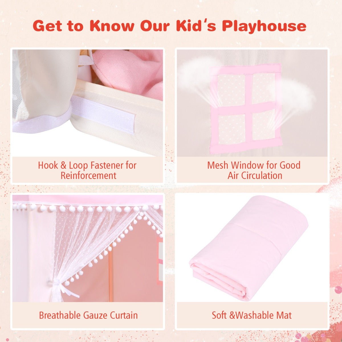 Childhood Wonderland: Pink Castle Playhouse with Solid Wood Frame & Mat