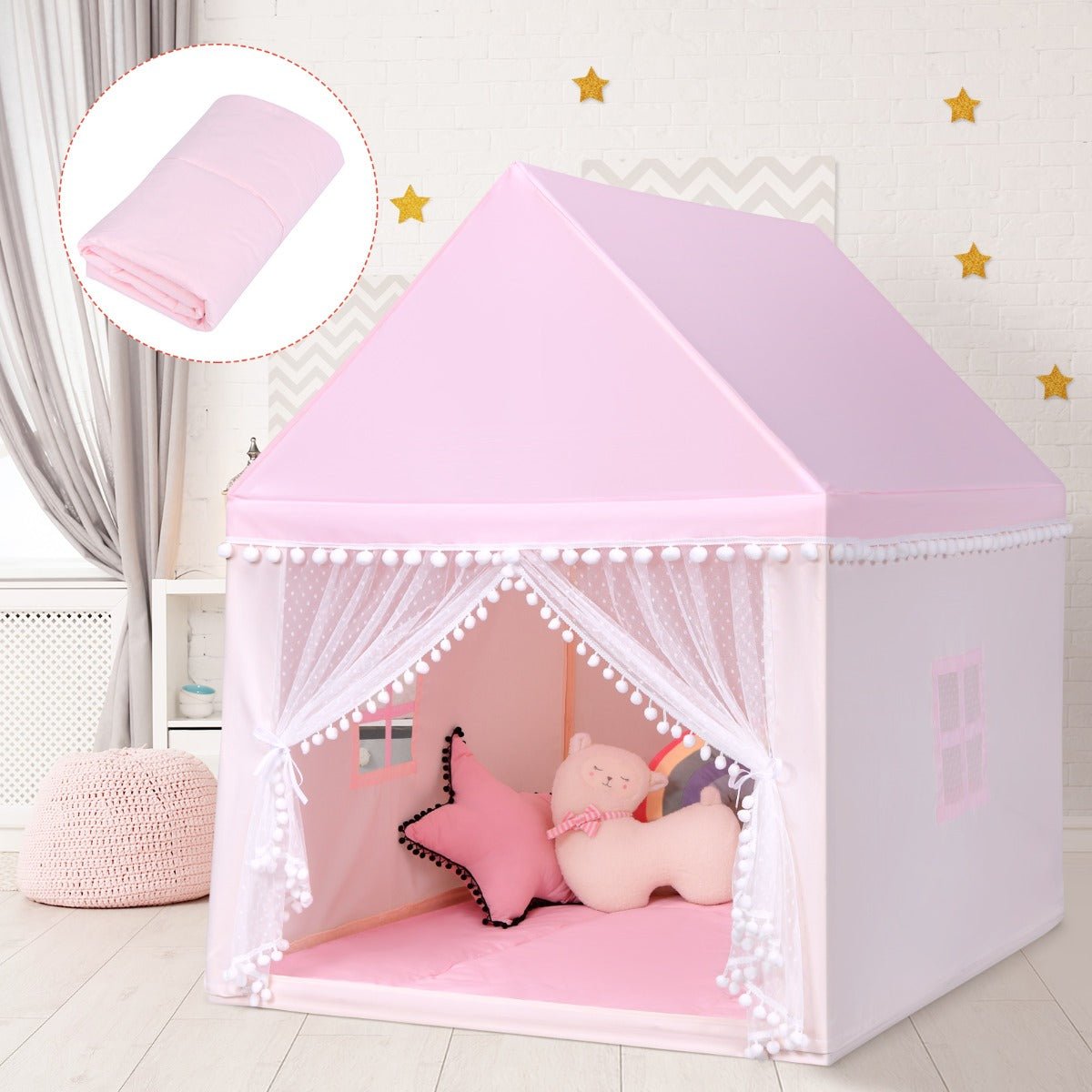 Cozy Pink Castle Playhouse for Kids with Solid Wood Frame & Cotton Mat