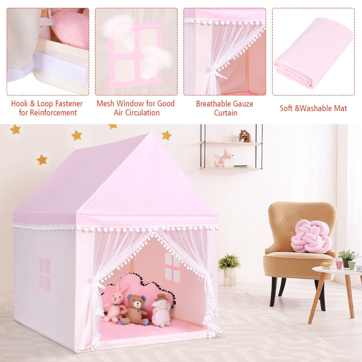 Inspire Creativity: Pink Castle Playhouse with Solid Wood Frame & Cotton Mat