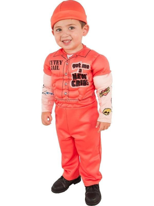 Orange padded muscle man prisoner costume for kids, perfect for play and dress-up fun.