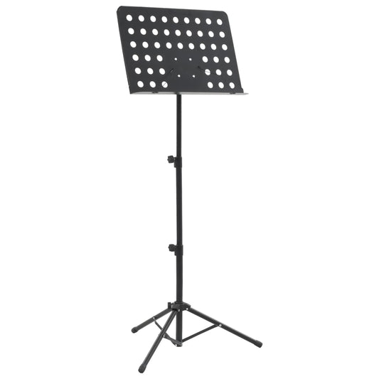 Child-friendly black steel music stand with adjustable book plate for home practice