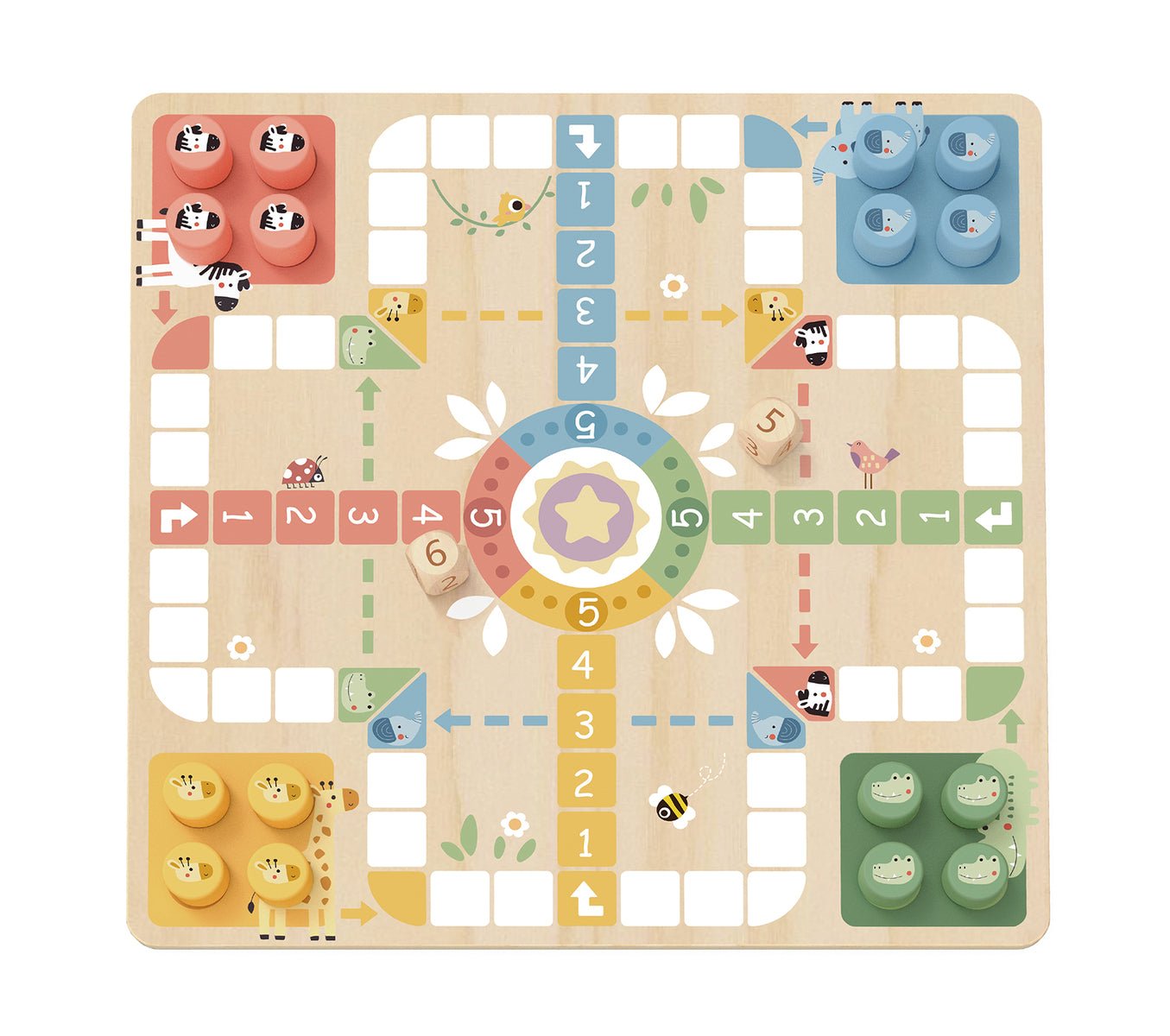 Wooden board game featuring Ludo and Snakes and Ladders for kids entertainment at home.