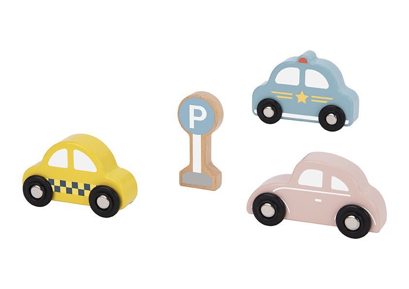 Wooden forest friends transportation and street sign set for imaginative play and learning fun.