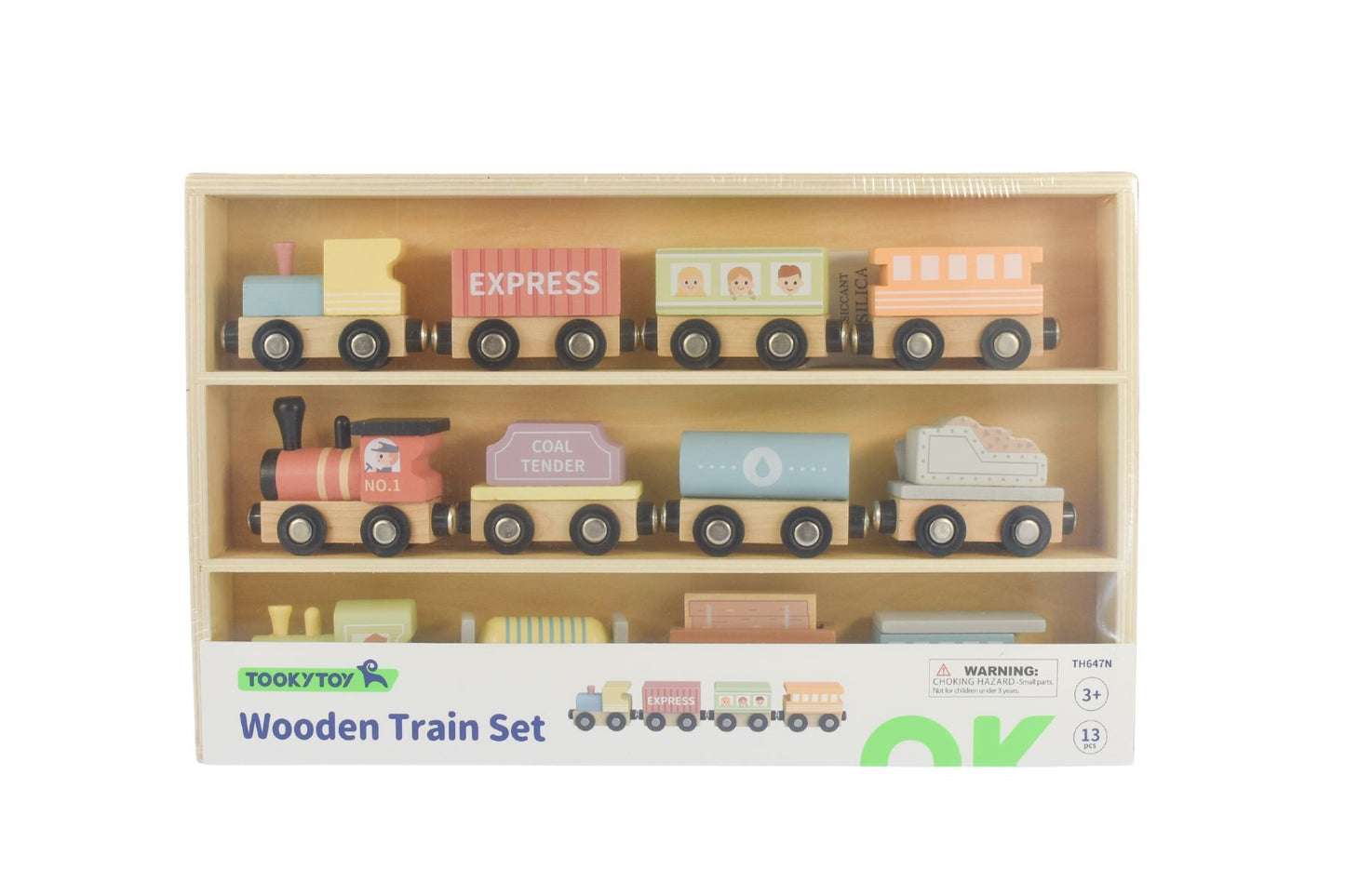 Wooden train set with forest animal friends, perfect for imaginative play at home.