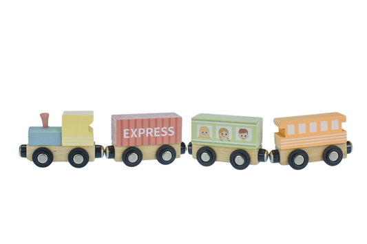 Wooden forest friends train set with carriage, perfect for imaginative play at home.