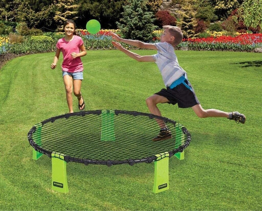 Kids outdoor volleyball rebound game set with target, balls, and inflator for active play.