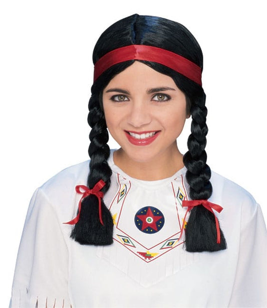 Adult Native American-style wig with braids and headband for costume play at home.