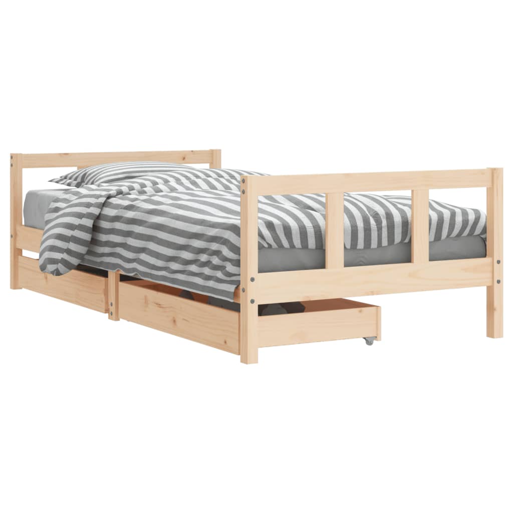 Kids single bed frame in natural pine with integrated storage drawers for organized spaces.