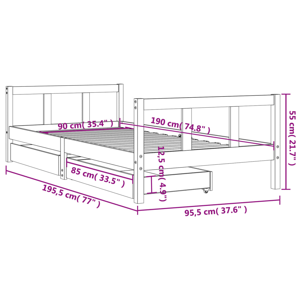 Kids single bed frame in natural pine with built-in storage drawers for organized bedrooms