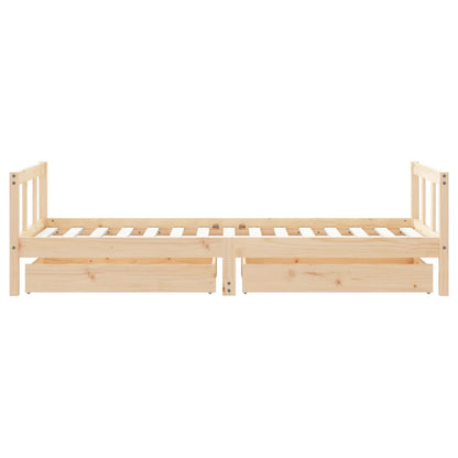 Kids single bed frame with storage drawers in natural pine wood for bedroom organization.