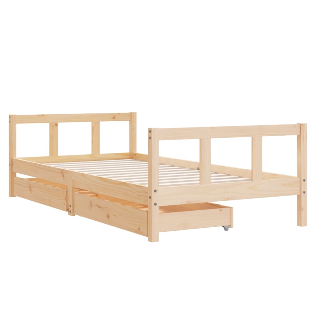 Kids single bed frame in natural pine with handy storage drawers for organized space.