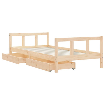 Kids single bed frame in natural pine with convenient storage drawers for tidy bedrooms.