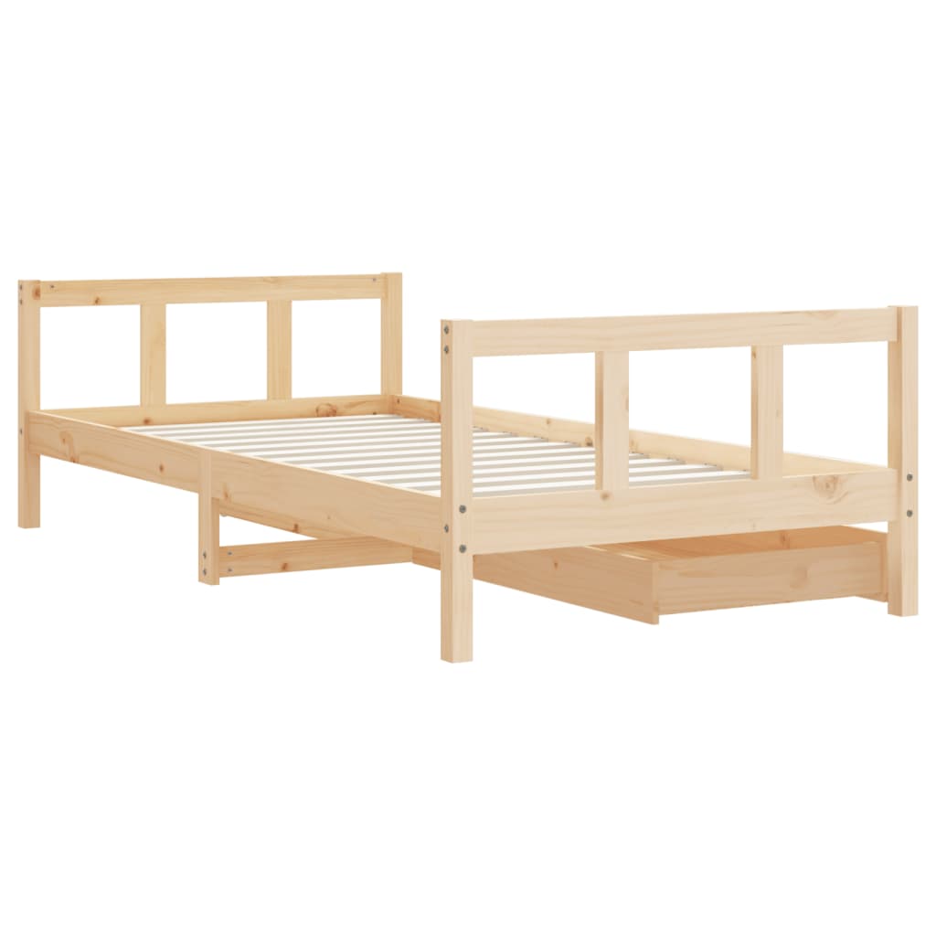 Kids single bed frame in natural pine with convenient storage drawers for organizing toys.