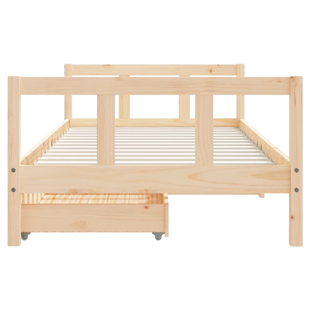 Kids single bed frame with storage drawers in natural pine, perfect for kids bedroom storage.