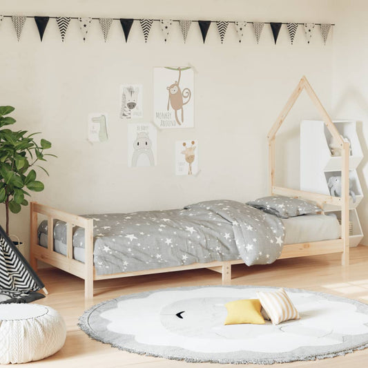 Kids single-size pine wood house bed frame, bringing natural charm to bedroom decor.