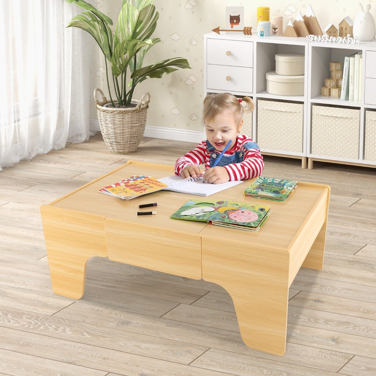 84 Pieces Wooden Train Set & Table with drawer and Reversible Tabletop Natural