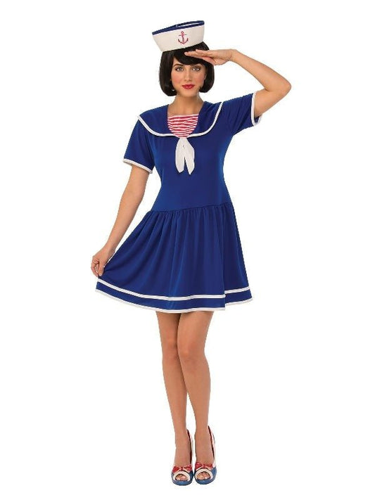 Nautical Sailor Lady Adult Costume in classic blue and white for playful dress-up fun.