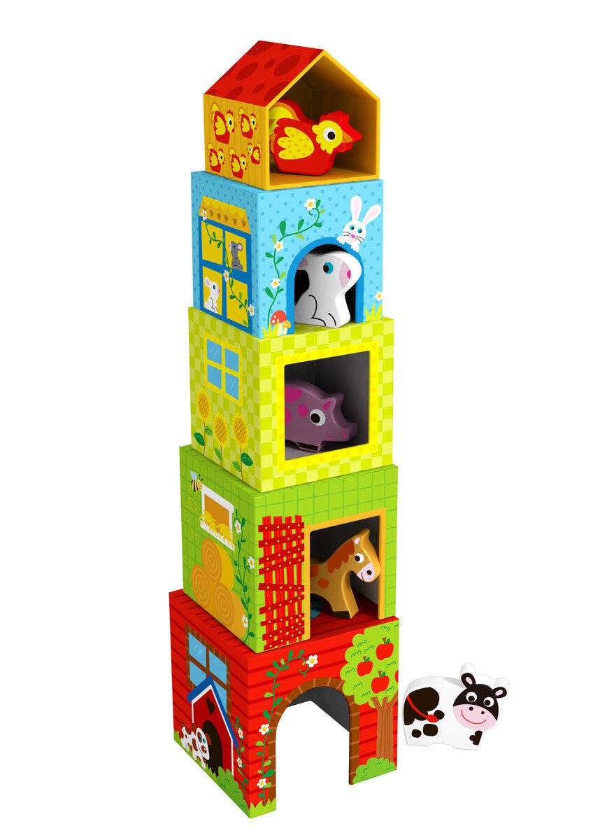 Kids colorful wooden nesting box - ideal for imaginative play in home farm setups.