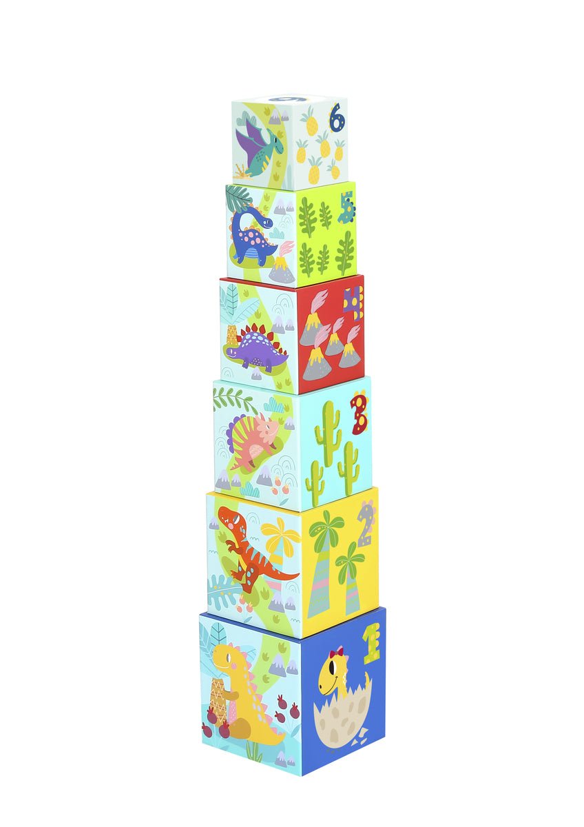 Colorful dinosaur-themed nesting boxes for imaginative play, storage, and organization in kids rooms.