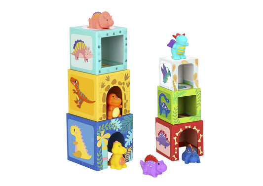 Nesting boxes featuring fun dinosaur designs for imaginative play in kids bedrooms or playrooms.