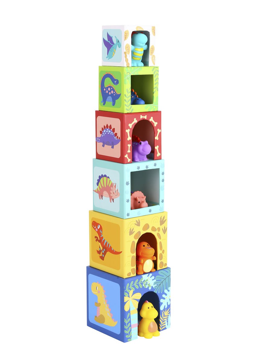 Colorful dinosaur nesting boxes for kids playroom storage and organization, stacking fun design.