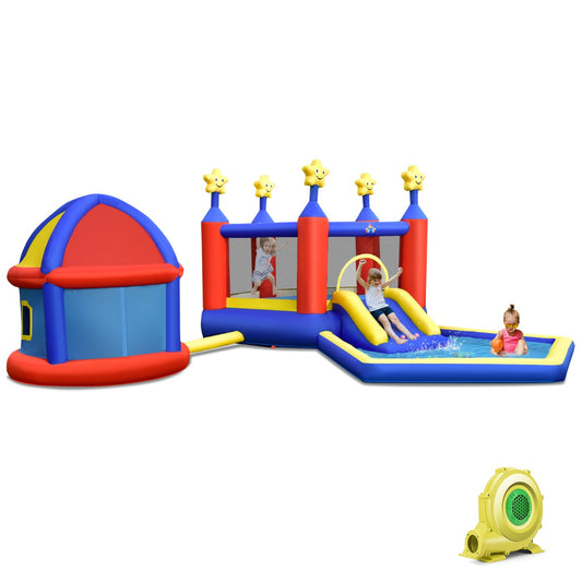 Kids inflatable bouncy castle with slide for backyard fun and playtime adventures.