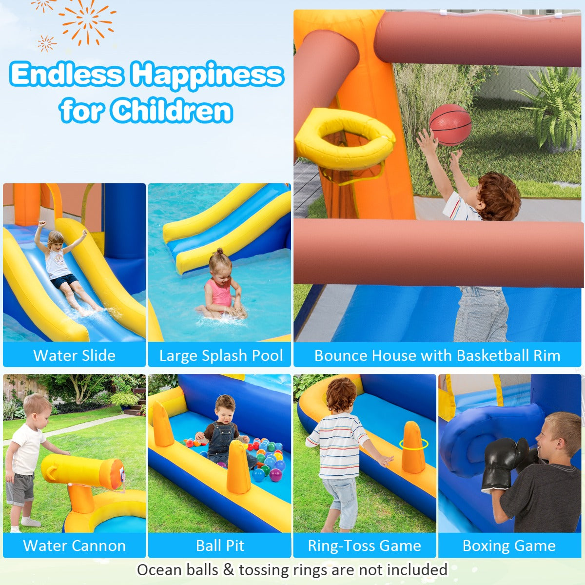 Kids inflatable water slide bounce house combo with pool for backyard fun and entertainment.