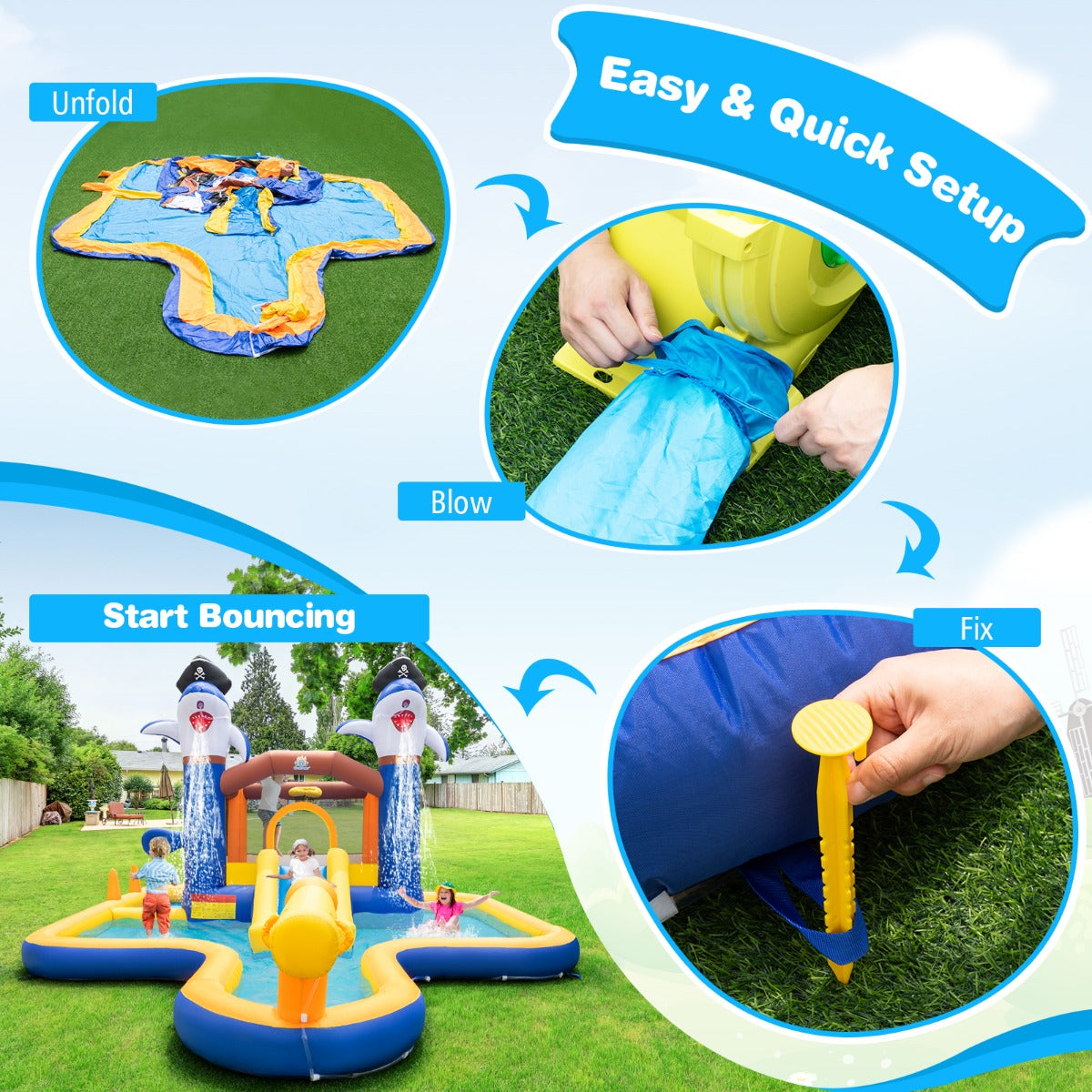 Inflatable Bounce House and Water Park with Blower for kids outdoor playtime.
