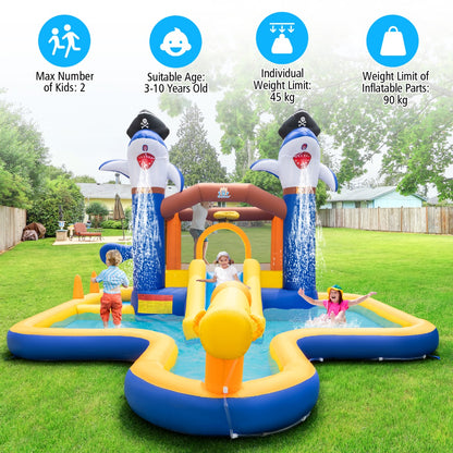 Colorful kids inflatable water slide bounce house combo with pool for backyard fun.