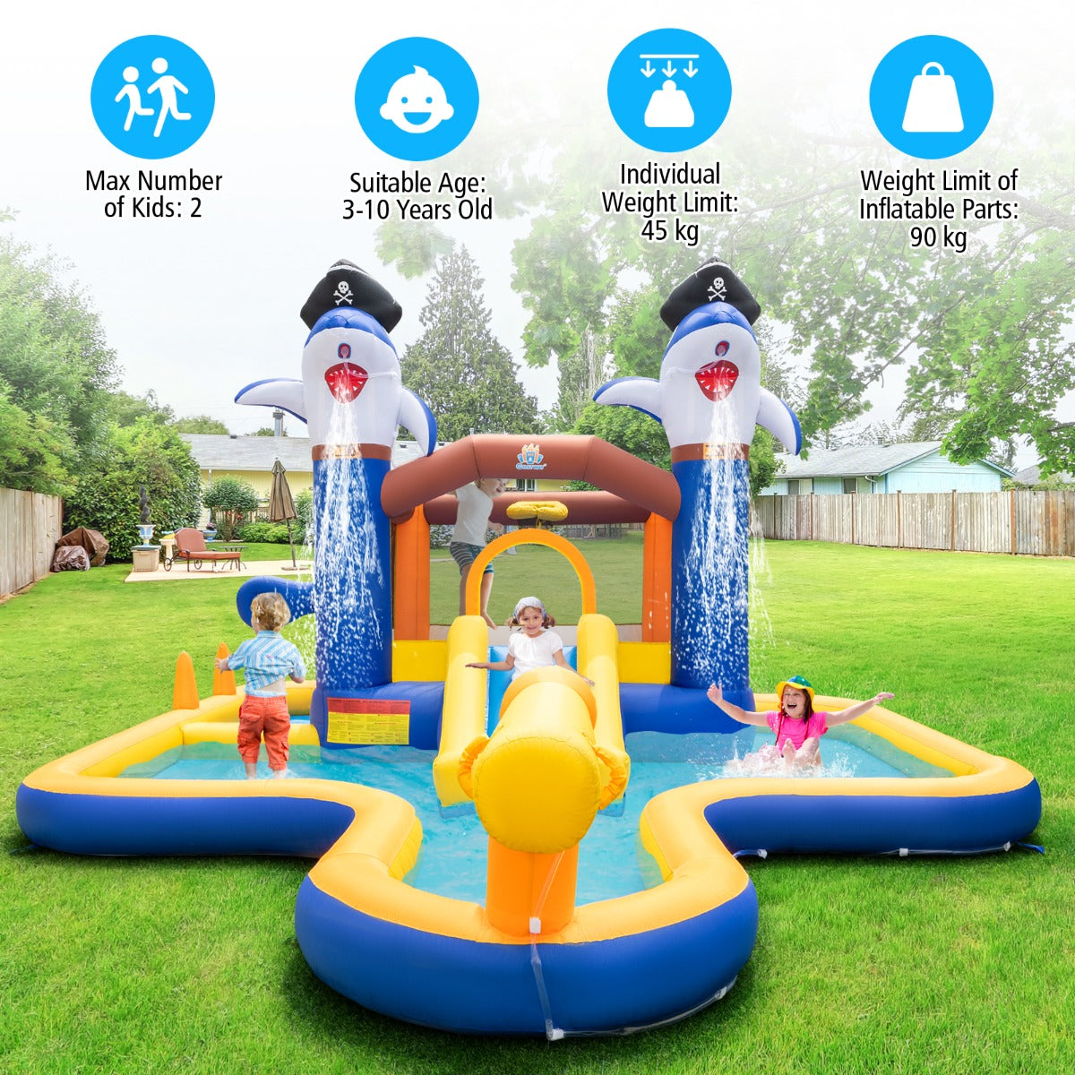 Inflatable bounce house and water park combo with blower for endless kids fun at home.
