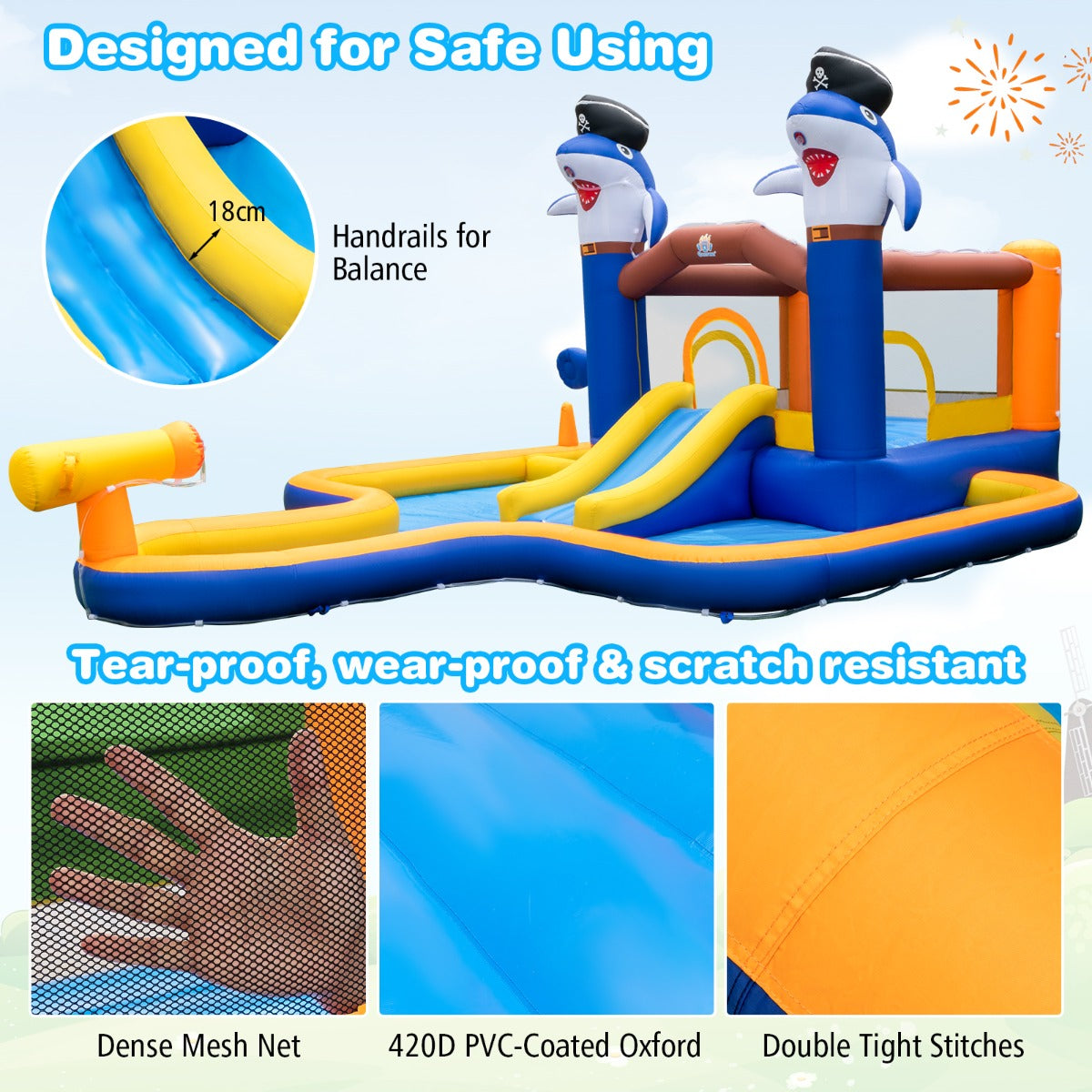 Inflatable water slide bounce house combo with pool for kids outdoor fun at home.