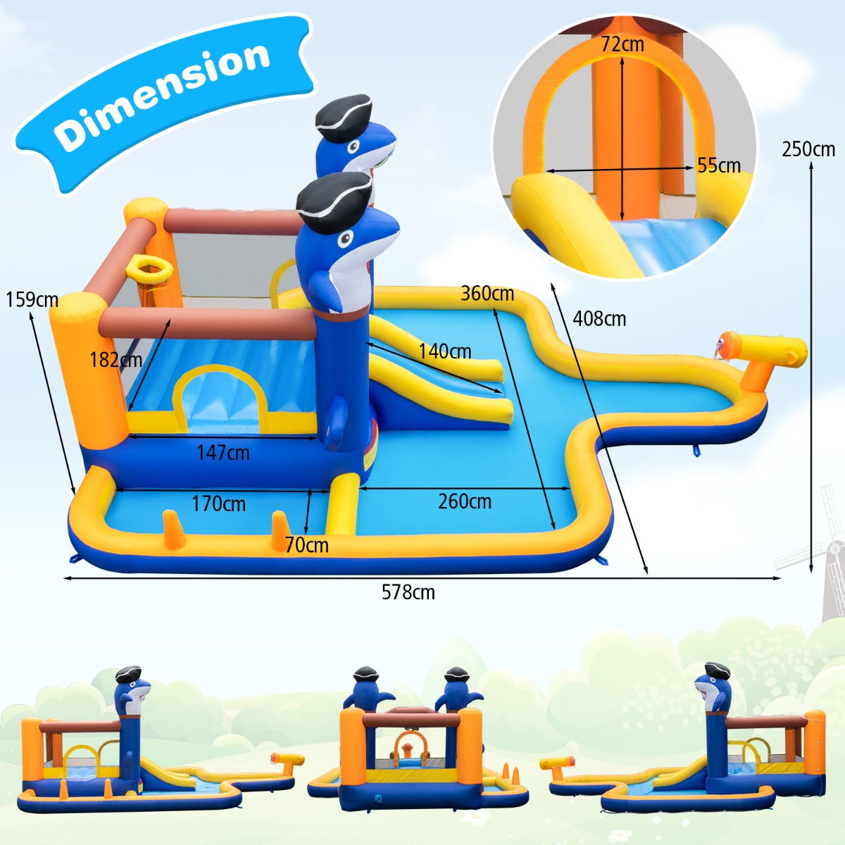 Inflatable water slide bounce house combo with pool, perfect for kids backyard fun.