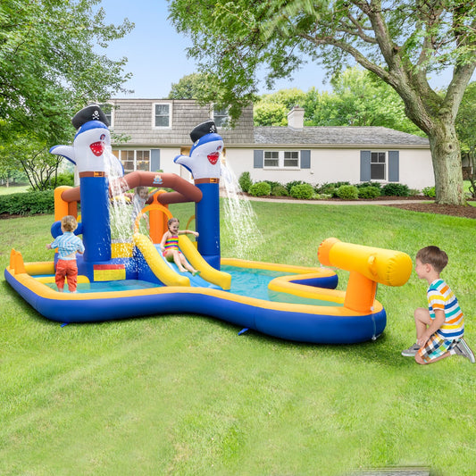 Kid-friendly inflatable water slide bounce house combo with pool for ultimate backyard fun.