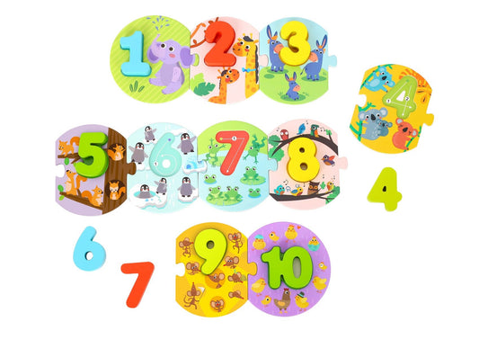 Colorful number puzzle set in portable carry box for interactive learning and play at home.