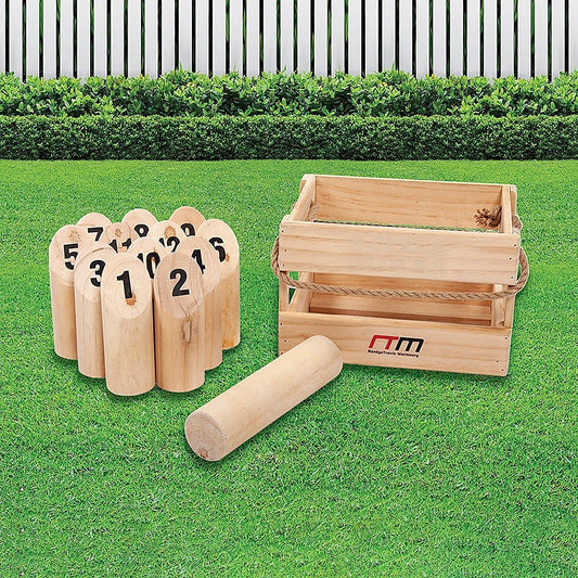 Wooden number toss game set with carry case for outdoor fun, ideal for kids.