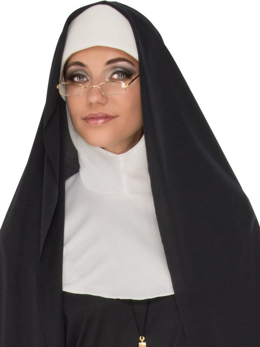 Adult nun costume in black robe, white habit, and veil set for home dress-up fun.