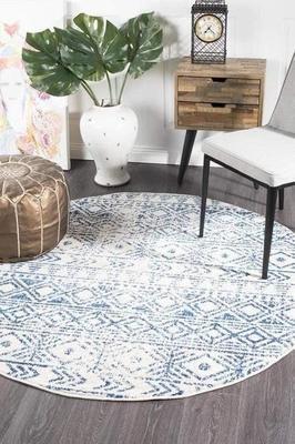 MODERN Oasis Ismail White Blue Rustic Round Floor  Rug